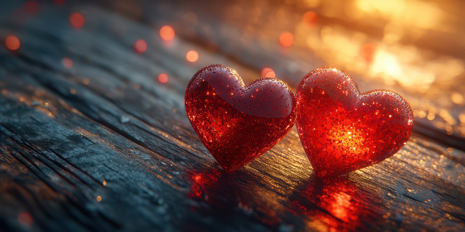 Red sparkly hearts glimmer softly on a wooden surface with warm golden light in the background during a romantic evening